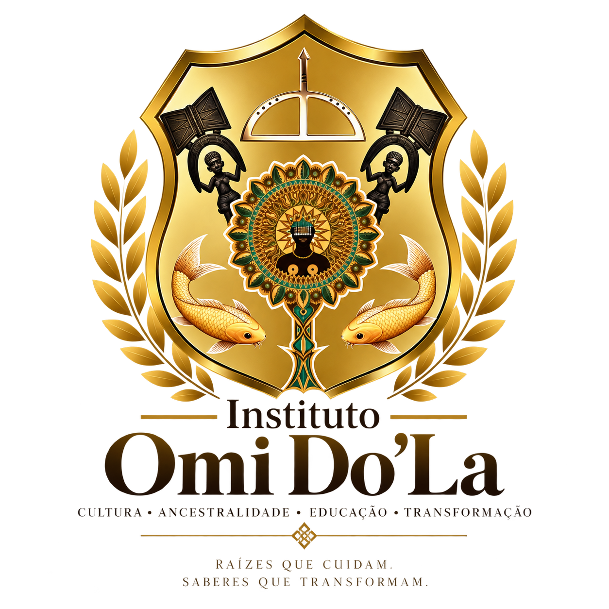 Logo completa do Instituto OMI D'OLA, com brasão dourado, nome e lema